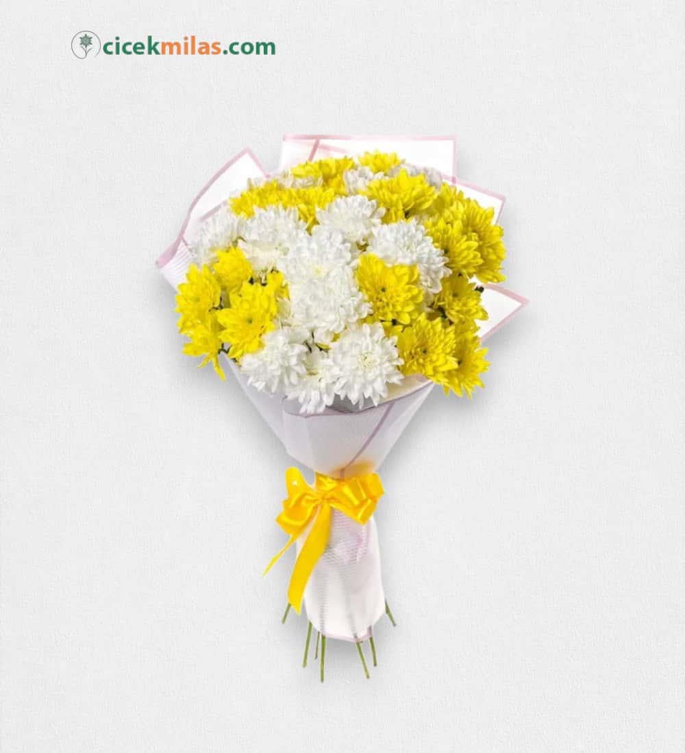 Beyaz Buket Kağıdında Sarı & Beyaz Krizantem Papatya Buketi