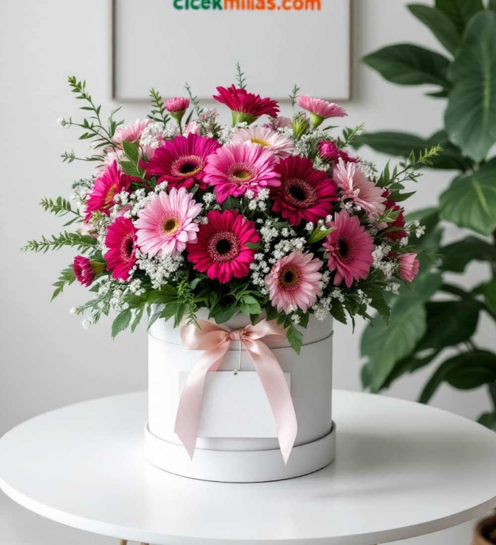 Beyaz Kutuda Pembe Ve Fuşya Gerbera Zarif Bir Hediye