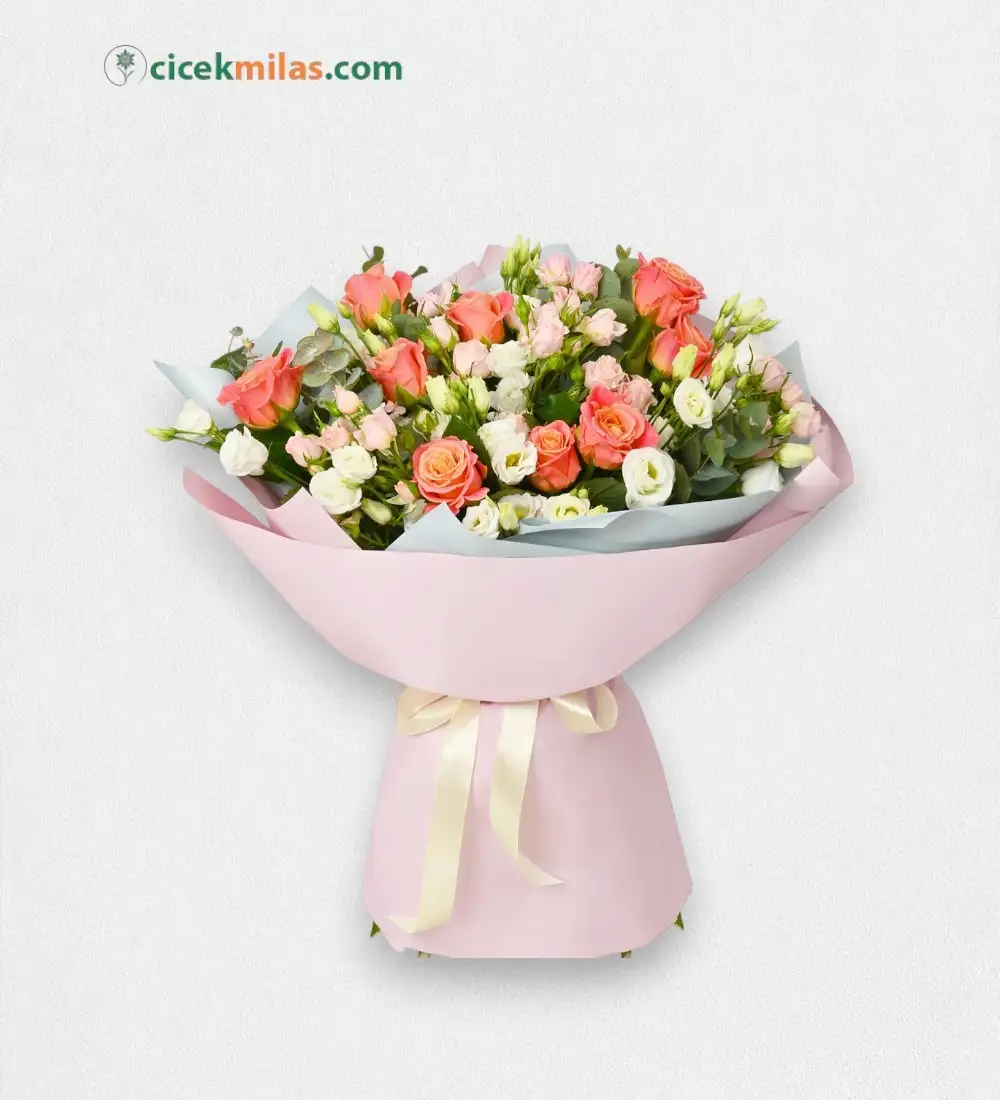 Beyaz Lisyantus Turuncu Gül Ve Somon Çardakgülü Buketi