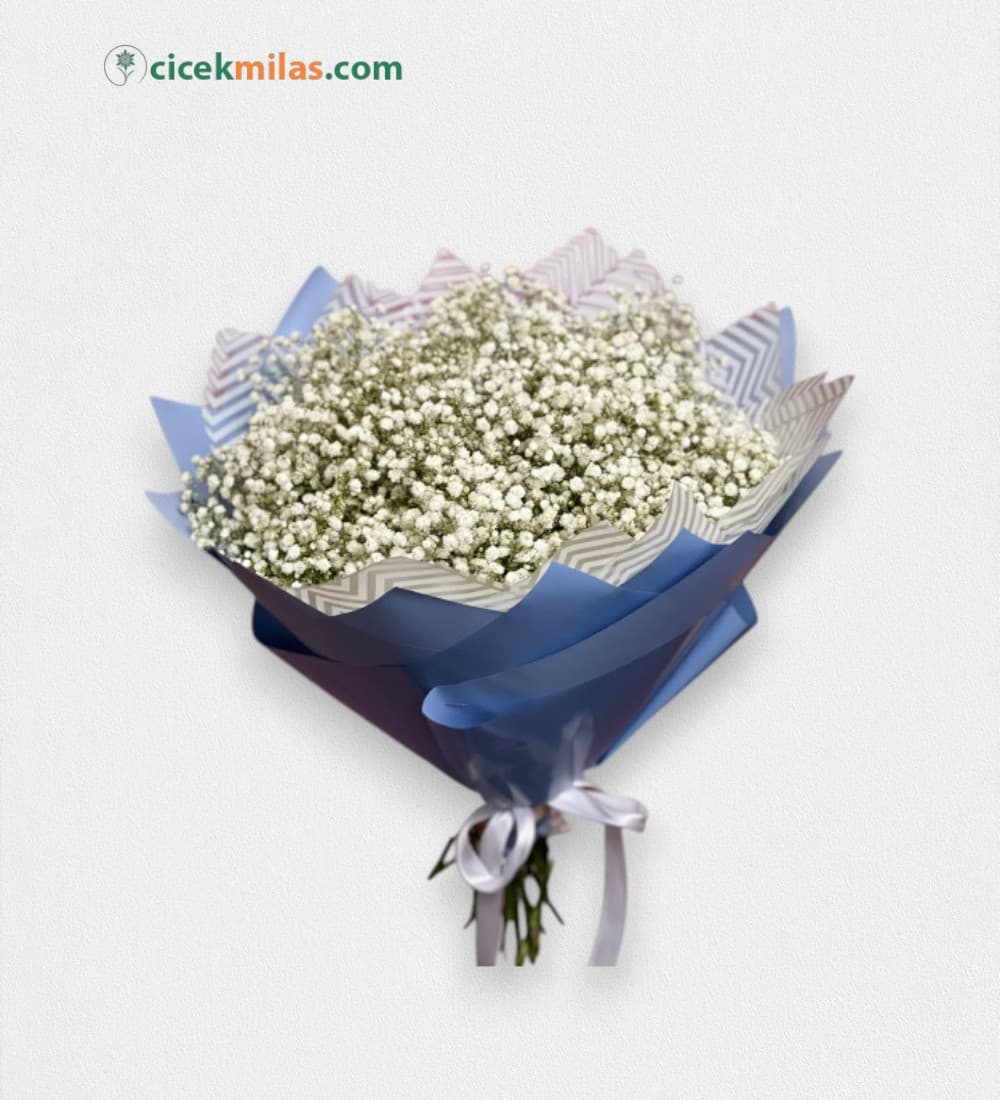 Mavi Buket Kağıdında Beyaz Cipso Buketi