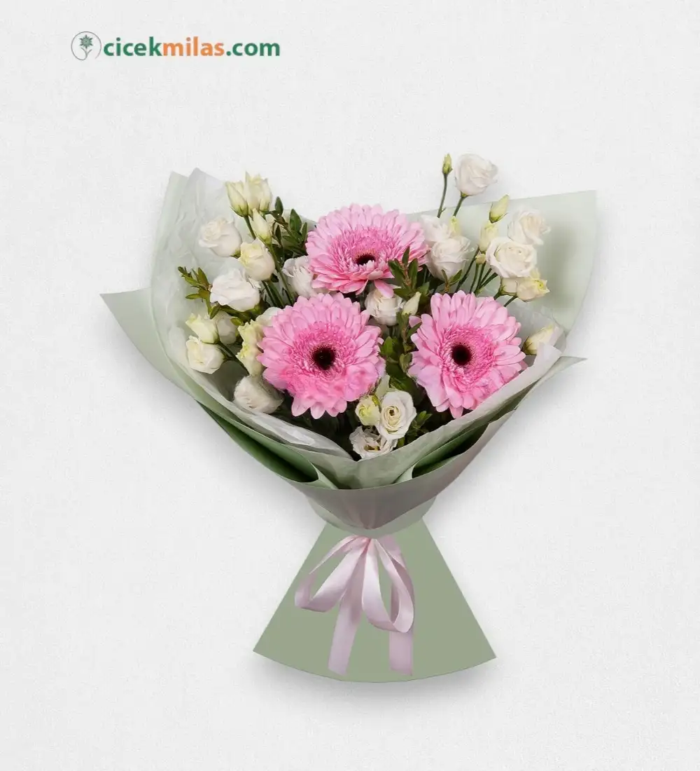 Pembe Gerbera Ve Beyaz Lisyatus Buketi