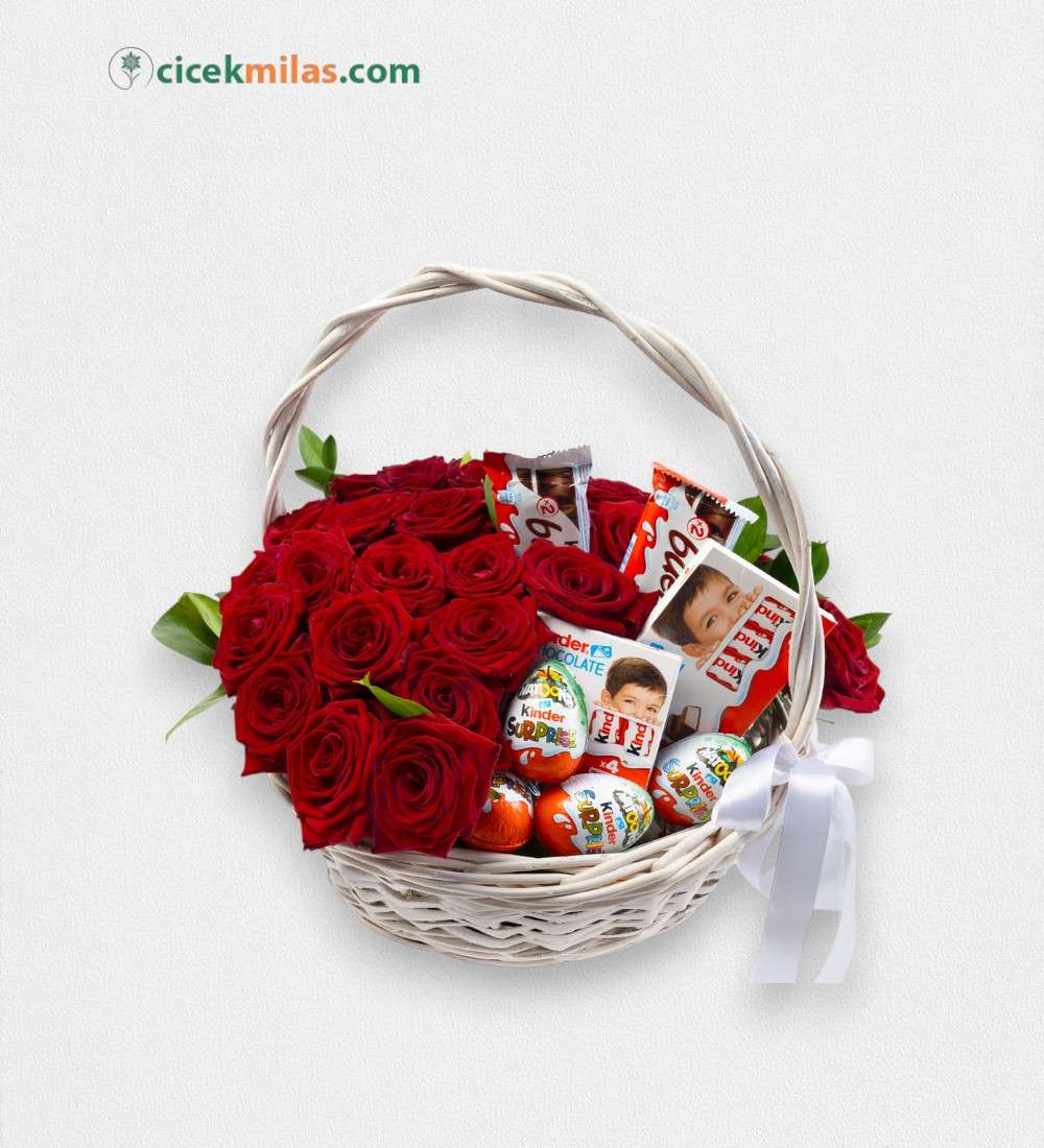 Sepet İçerisinde 21 Kırmızı Gül Ve Çikolatalar