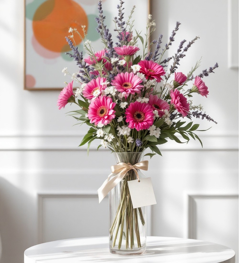 Silindir Cam Vazdoda 11 Fuşya Gerbera & Lavanta