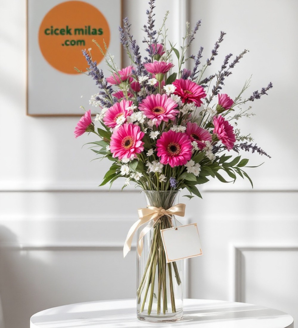 Silindir Cam Vazdoda 13 Fuşya Gerbera & Lavanta