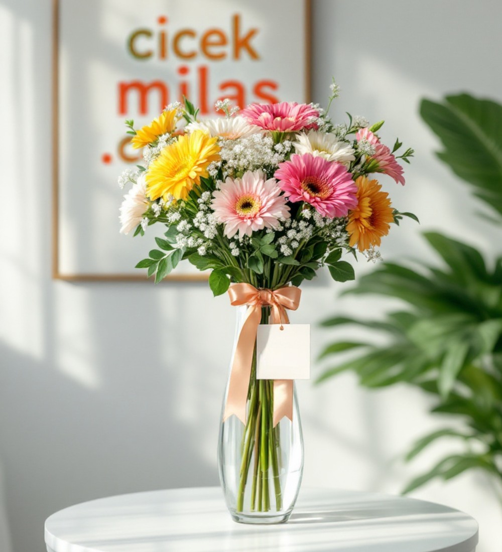 Silindir Cam Vazdoda 13 Sarı Beyaz Pembe Gerbera