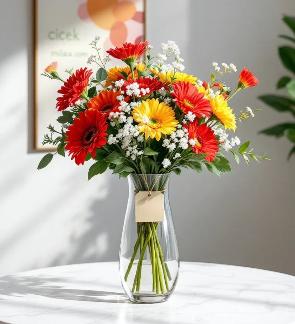 Silindir Cam Vazdoda 13 Sarı & Kırmızı Gerbera