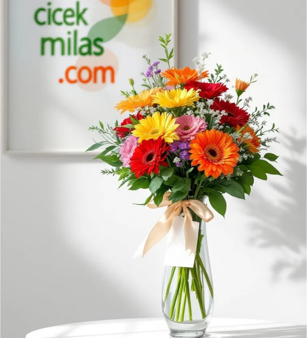 Silindir Cam Vazdoda 13 Sarı Turuncu Pembe Kırmızı Gerbera