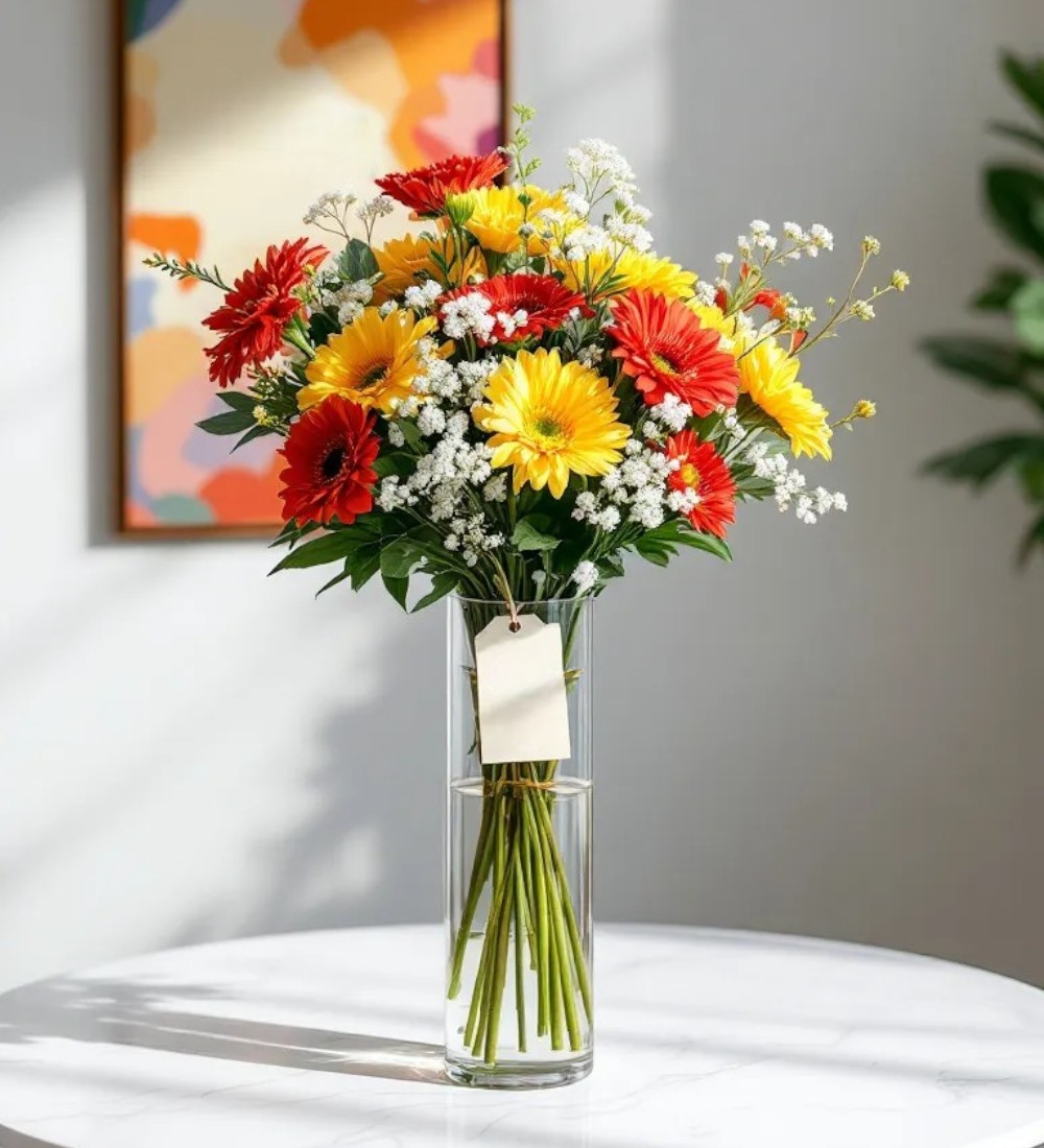 Silindir Cam Vazdoda 15 Sarı & Kırmızı Gerbera