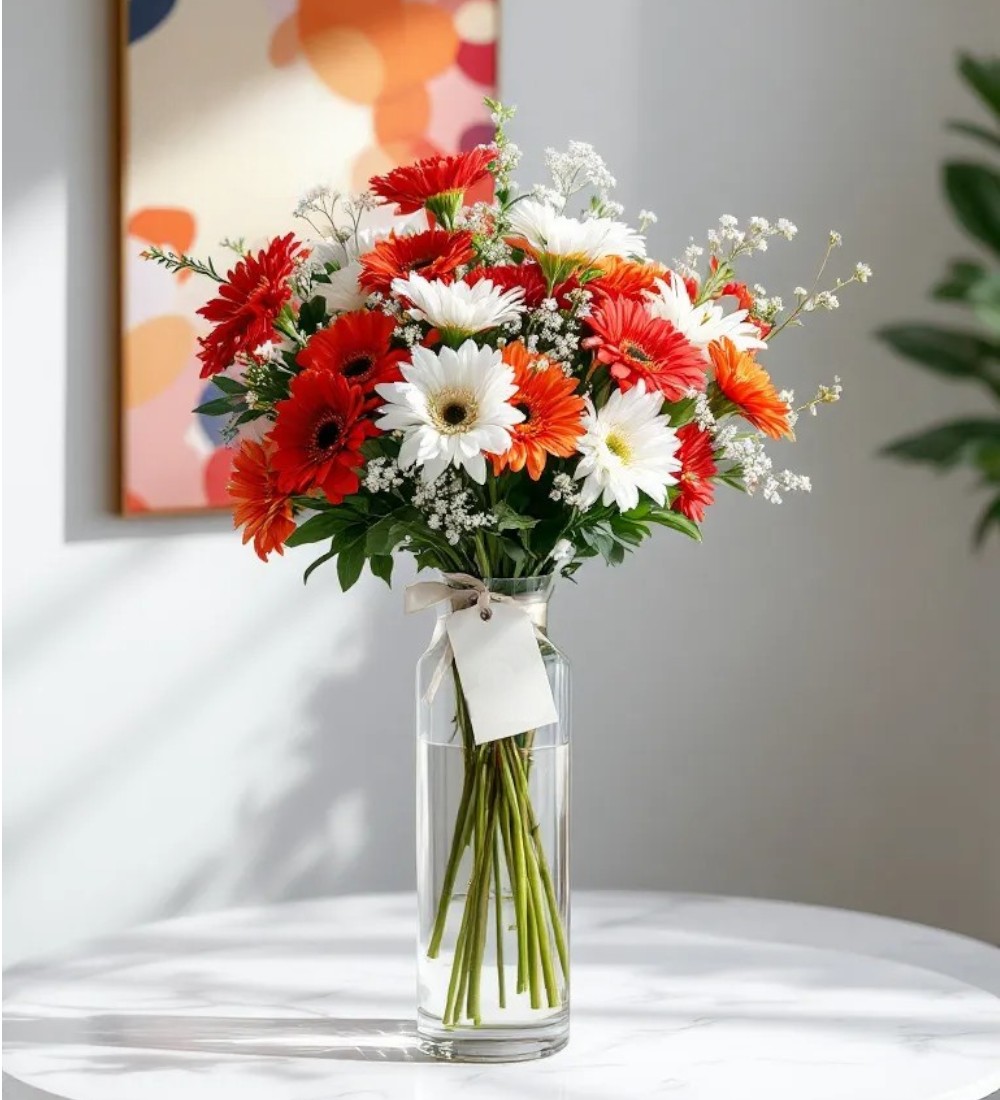 Silindir Cam Vazdoda 21 Kırmızı & Beyaz Gerbera