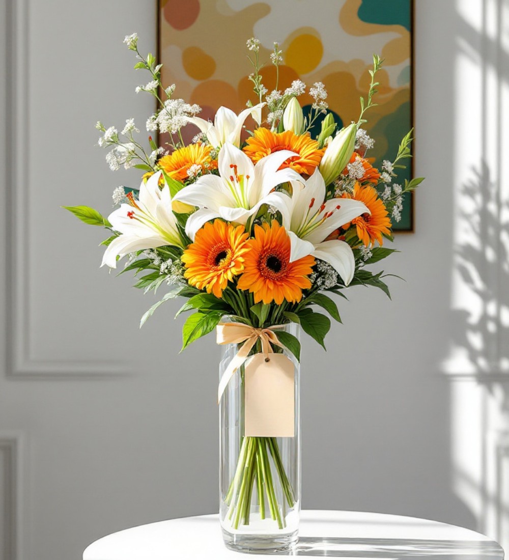Silindir Cam Vazdoda 9 Beyaz Lilyum & 7 Turuncu Gerbera