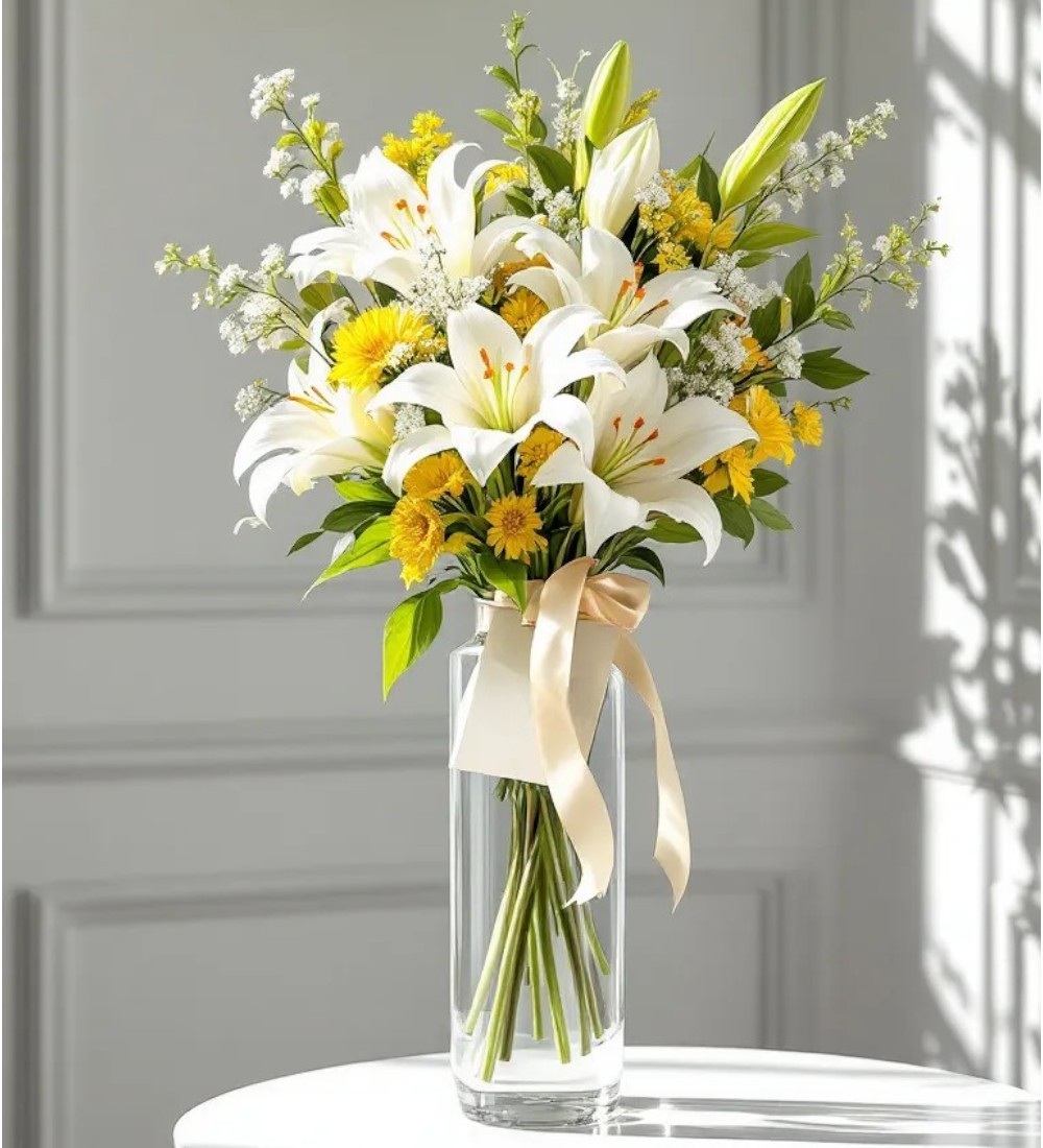 Silindir Cam Vazdoda 9 Beyaz Lilyum & Sarı Papatya