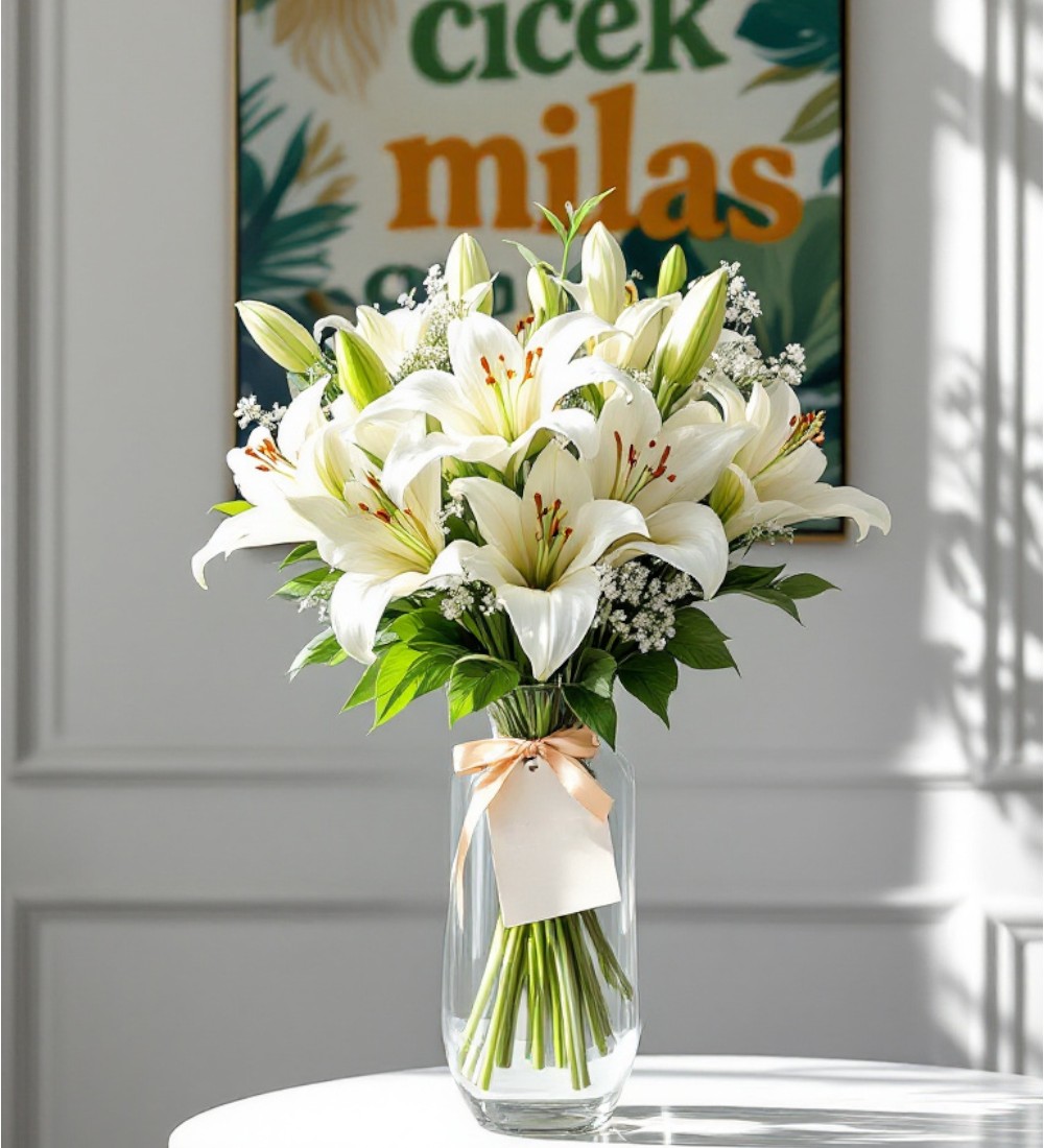 Silindir Cam Vazoda 15 Beyaz Lİlyum