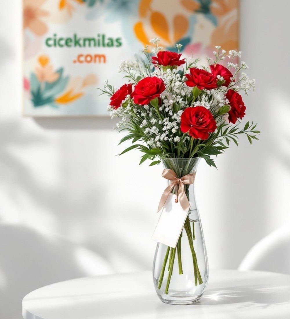 Silindir Cam Vazoda 7 Kırmızı Karanfil